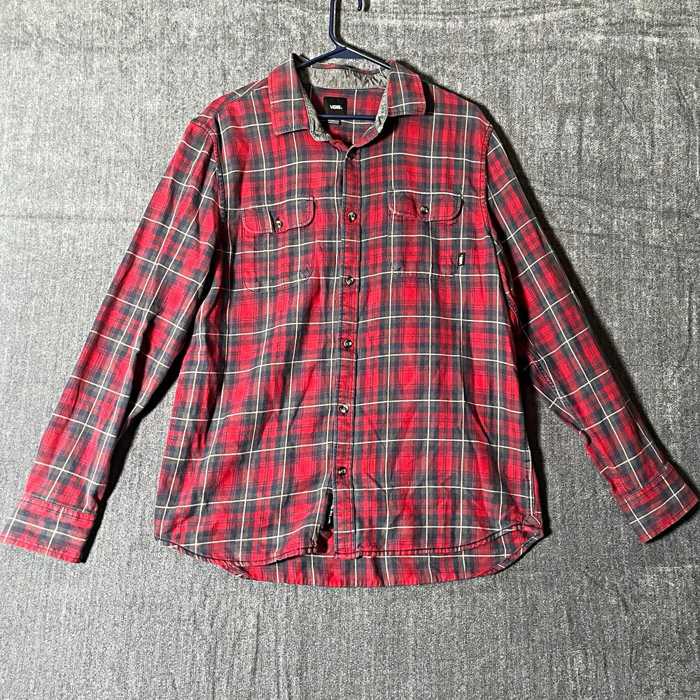 VANS Mens M Classic Fit Plaid Long Sleeve Button Up Shirt Pockets Red/Black